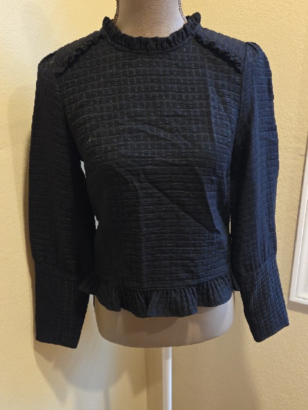 Black Ruffle-Trim Button-Back Blouse - Picture 2 of 5
